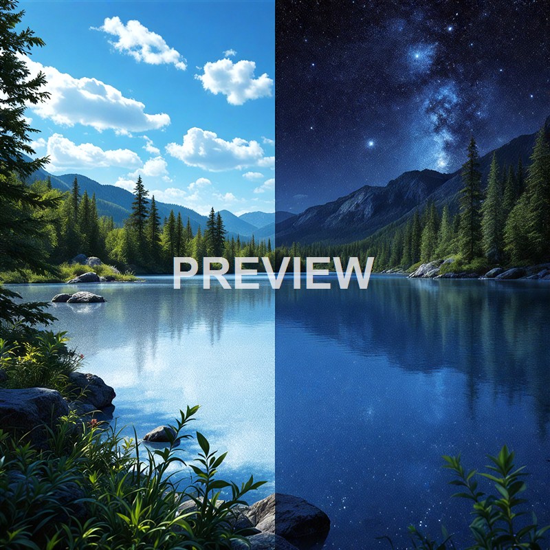 The image is split into two halves, with the left side showing a bright daytime scene of a river surrounded by lush green trees and mountains under a partly cloudy sky, while the right side depicts a nighttime scene of the same river with a starry sky and the Milky Way visible above the mountains.